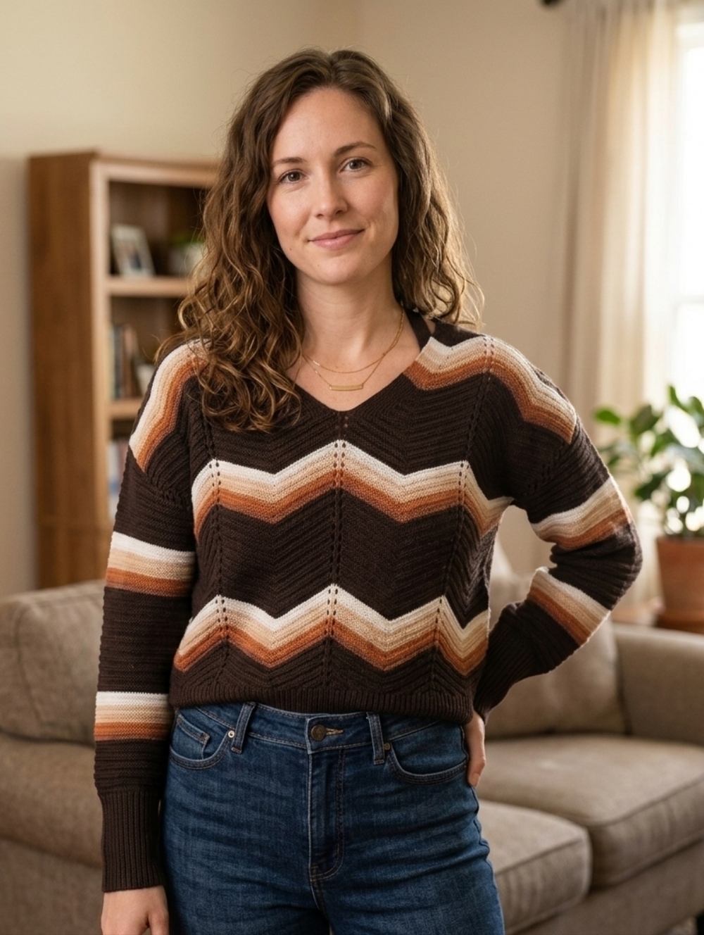 FOT WITH LOVE Earth Tone Chevron Knit Sweater Small | Criss Cross V-Neck Back